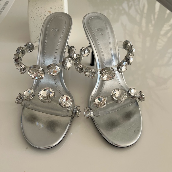 💎Zara Rhinestones Crystals Embellished Mules Silver Heels US Sz 11/ EU 42 - Picture 6 of 11